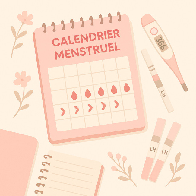 Calendrier illustrant les phases du cycle menstruel avec accessoires