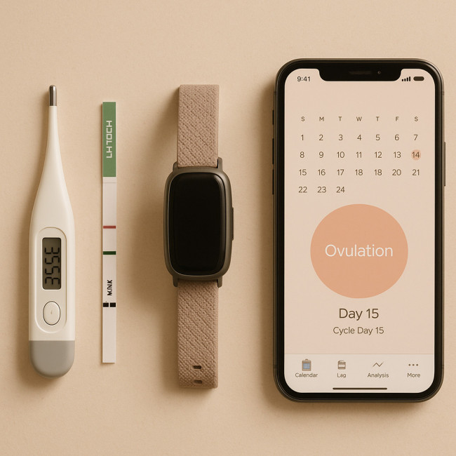 Thermomètre, test LH, bracelet connecté et smartphone alignés pour comparer les méthodes d'ovulation
