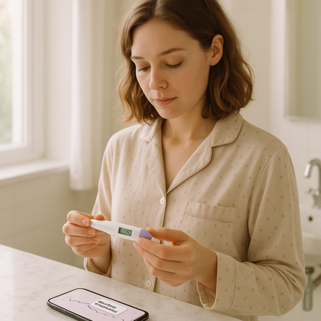 Femme prenant sa température basale devant son smartphone